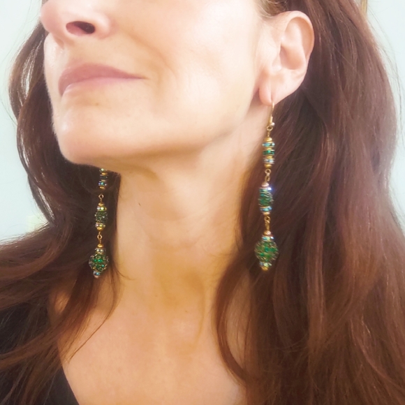 Vintage Green Crystal AB and Gold Pierced Long Dangle Earrings - Picture 2 of 5